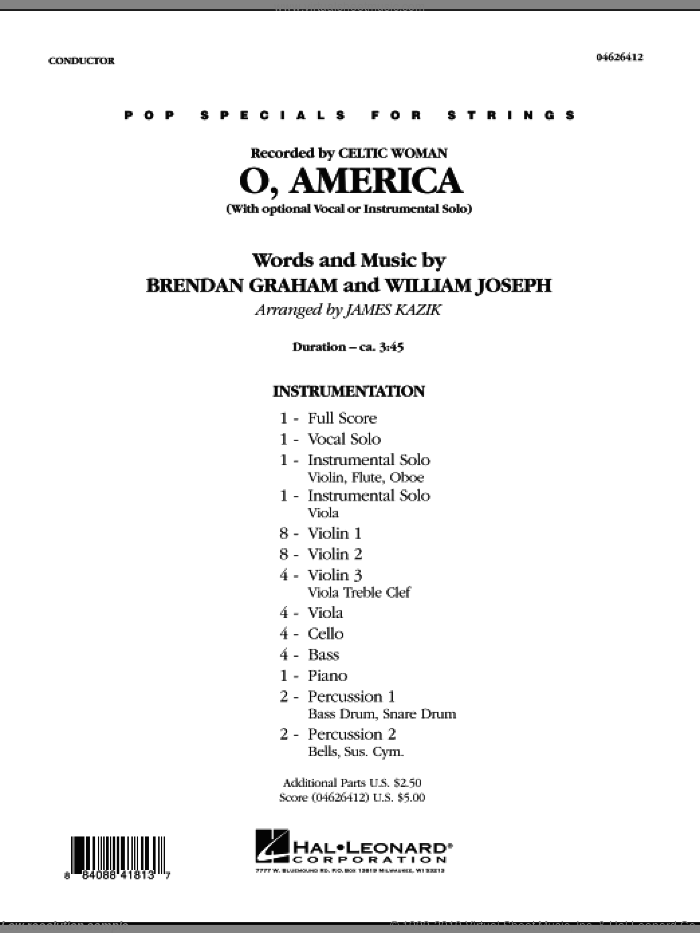 O, America (COMPLETE) sheet music for orchestra by Brendan Graham, William Joseph, Celtic Woman and James Kazik, intermediate skill level