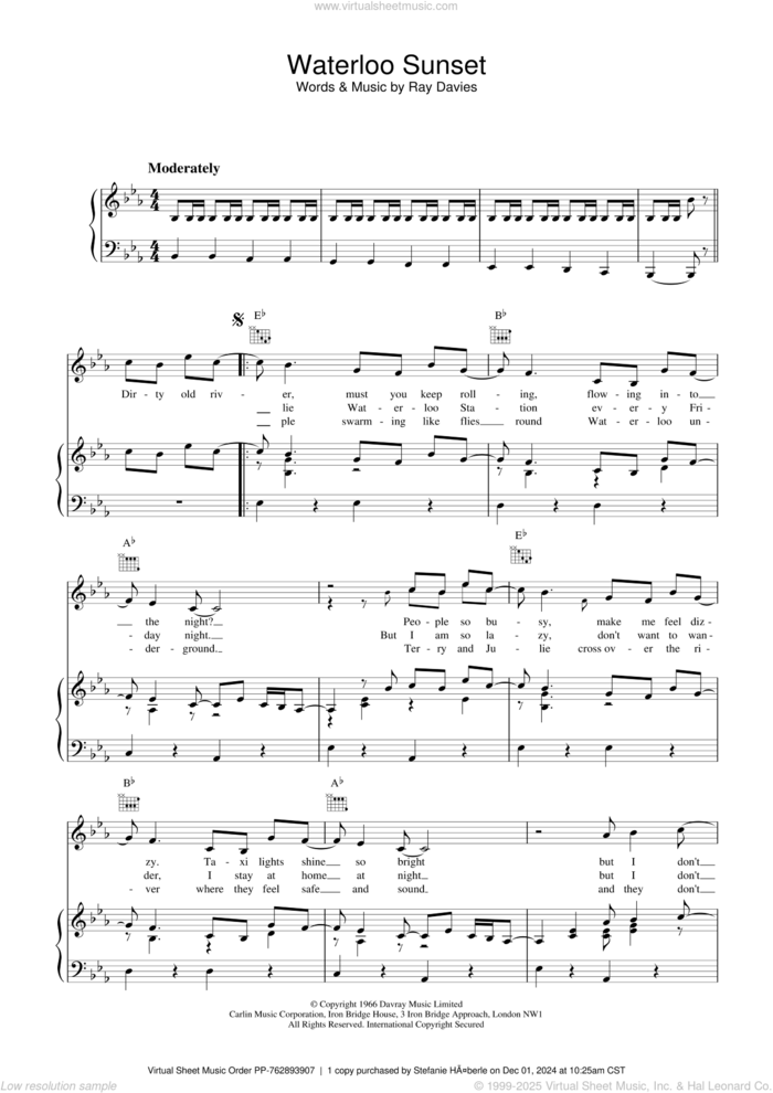 Waterloo Sunset sheet music for voice, piano or guitar by The Kinks, intermediate skill level