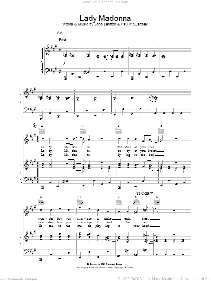 Lady Madonna sheet music for voice, piano or guitar by The Beatles, intermediate skill level