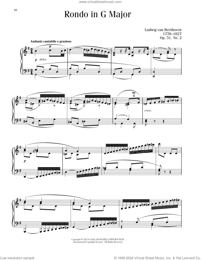 Rondo, Op. 51, No. 2 sheet music for piano solo by Ludwig van Beethoven, classical score, intermediate skill level