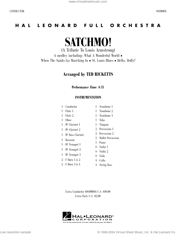 Satchmo!, a tribute to louis armstrong (arr. ted ricketts) sheet music for full orchestra (full score) by Louis Armstrong and Ted Ricketts, intermediate skill level