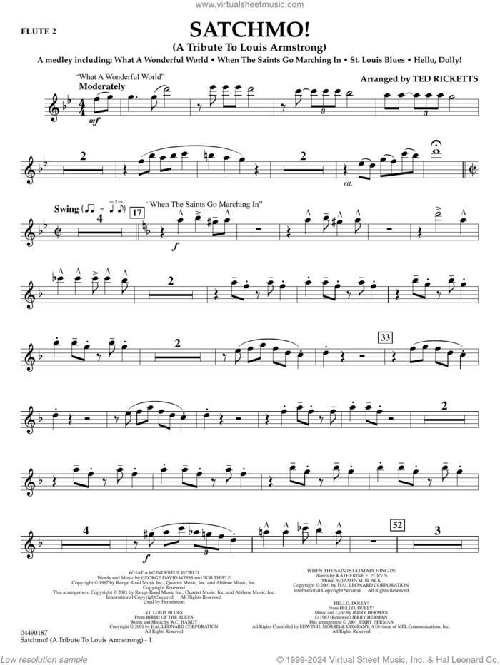 Satchmo!, a tribute to louis armstrong (arr. ted ricketts) sheet music for full orchestra (flute 2) by Louis Armstrong and Ted Ricketts, intermediate skill level