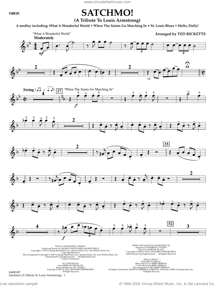Satchmo!, a tribute to louis armstrong (arr. ted ricketts) sheet music for full orchestra (oboe) by Louis Armstrong and Ted Ricketts, intermediate skill level