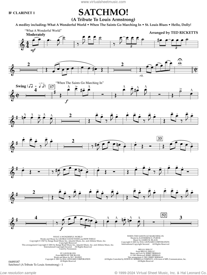 Satchmo!, a tribute to louis armstrong (arr. ted ricketts) sheet music for full orchestra (Bb clarinet 1) by Louis Armstrong and Ted Ricketts, intermediate skill level