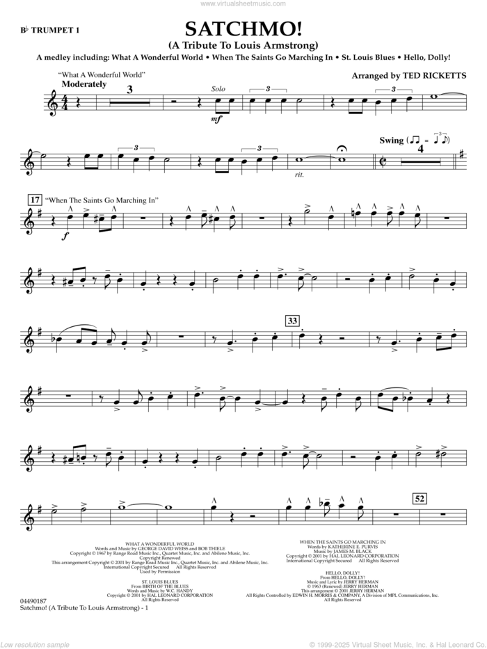 Satchmo!, a tribute to louis armstrong (arr. ted ricketts) sheet music for full orchestra (Bb trumpet 1) by Louis Armstrong and Ted Ricketts, intermediate skill level