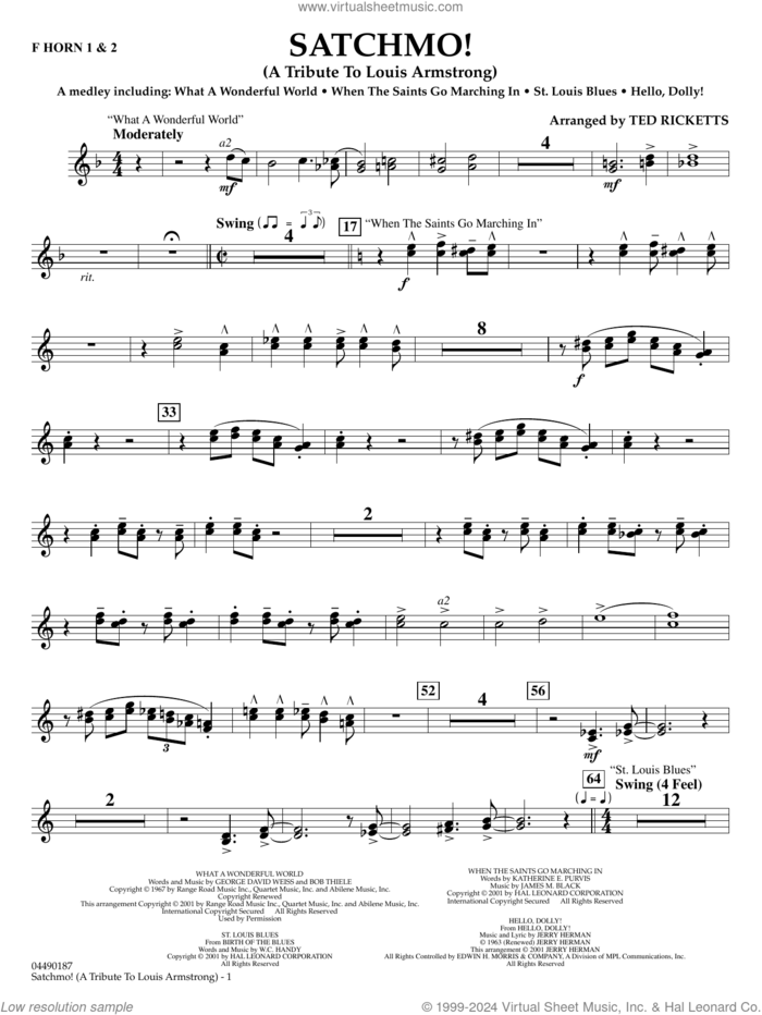 Satchmo!, a tribute to louis armstrong (arr. ted ricketts) sheet music for full orchestra (f horn 1 and 2) by Louis Armstrong and Ted Ricketts, intermediate skill level