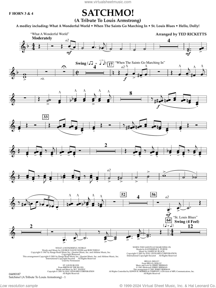 Satchmo!, a tribute to louis armstrong (arr. ted ricketts) sheet music for full orchestra (f horn 3 and 4) by Louis Armstrong and Ted Ricketts, intermediate skill level