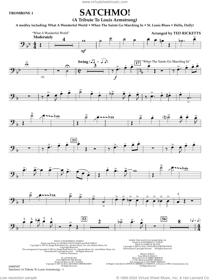 Satchmo!, a tribute to louis armstrong (arr. ted ricketts) sheet music for full orchestra (trombone 1) by Louis Armstrong and Ted Ricketts, intermediate skill level