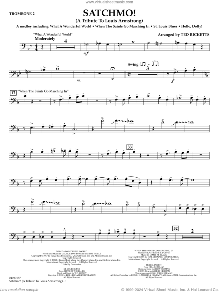 Satchmo!, a tribute to louis armstrong (arr. ted ricketts) sheet music for full orchestra (trombone 2) by Louis Armstrong and Ted Ricketts, intermediate skill level