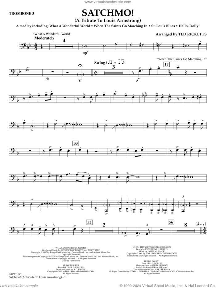 Satchmo!, a tribute to louis armstrong (arr. ted ricketts) sheet music for full orchestra (trombone 3) by Louis Armstrong and Ted Ricketts, intermediate skill level
