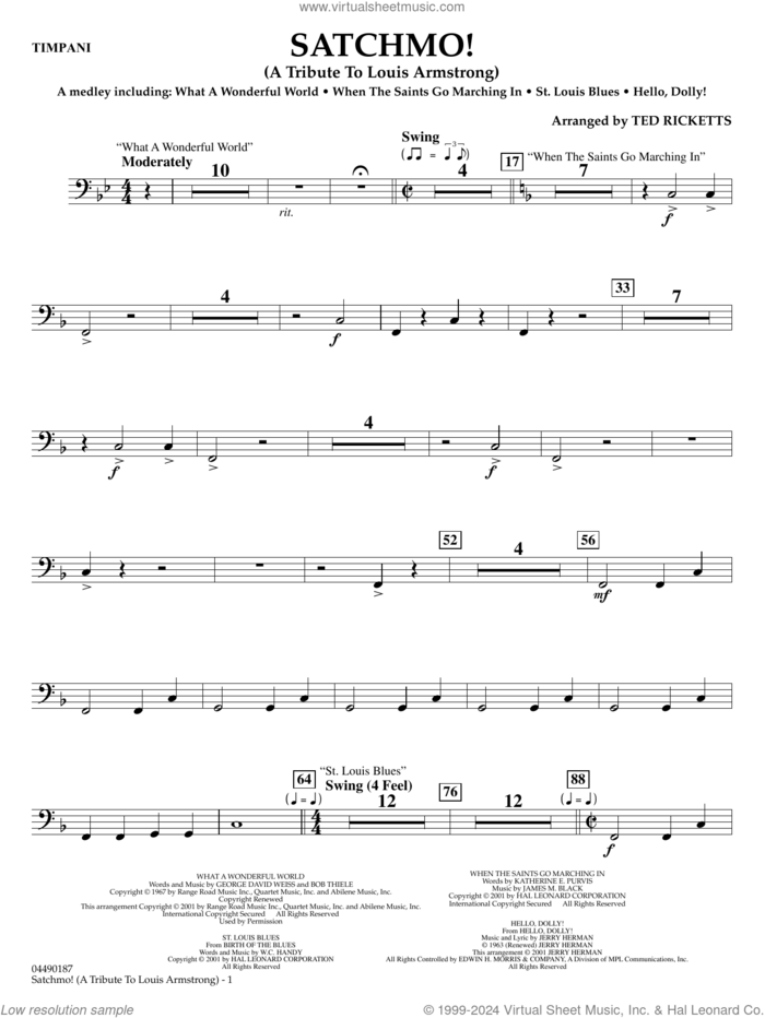 Satchmo!, a tribute to louis armstrong (arr. ted ricketts) sheet music for full orchestra (timpani) by Louis Armstrong and Ted Ricketts, intermediate skill level