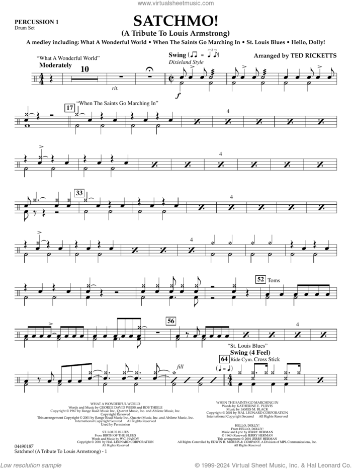 Satchmo!, a tribute to louis armstrong (arr. ted ricketts) sheet music for full orchestra (percussion 1) by Louis Armstrong and Ted Ricketts, intermediate skill level