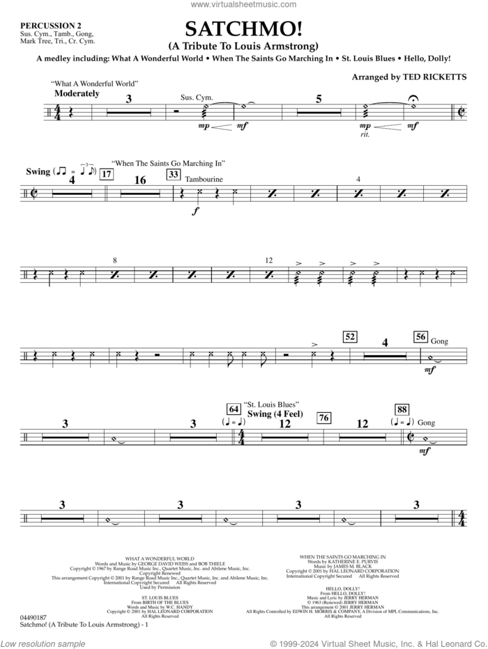 Satchmo!, a tribute to louis armstrong (arr. ted ricketts) sheet music for full orchestra (percussion 2) by Louis Armstrong and Ted Ricketts, intermediate skill level
