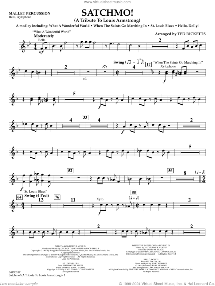Satchmo!, a tribute to louis armstrong (arr. ted ricketts) sheet music for full orchestra (mallet percussion) by Louis Armstrong and Ted Ricketts, intermediate skill level