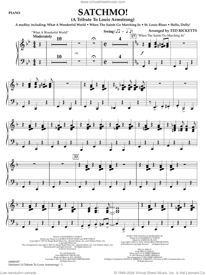 Satchmo!, a tribute to louis armstrong (arr. ted ricketts) sheet music for full orchestra (piano) by Louis Armstrong and Ted Ricketts, intermediate skill level