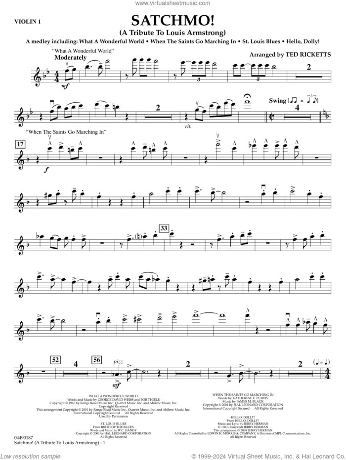Satchmo!, a tribute to louis armstrong (arr. ted ricketts) sheet music for full orchestra (violin 1) by Louis Armstrong and Ted Ricketts, intermediate skill level