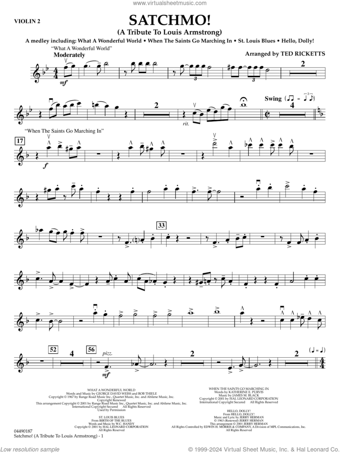 Satchmo!, a tribute to louis armstrong (arr. ted ricketts) sheet music for full orchestra (violin 2) by Louis Armstrong and Ted Ricketts, intermediate skill level