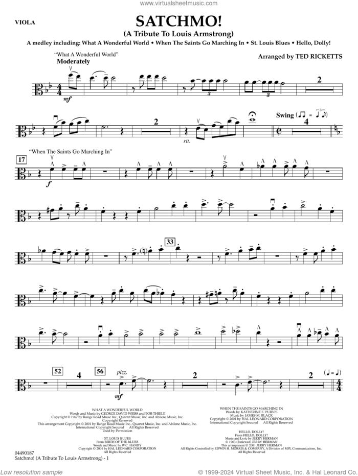 Satchmo!, a tribute to louis armstrong (arr. ted ricketts) sheet music for full orchestra (viola) by Louis Armstrong and Ted Ricketts, intermediate skill level