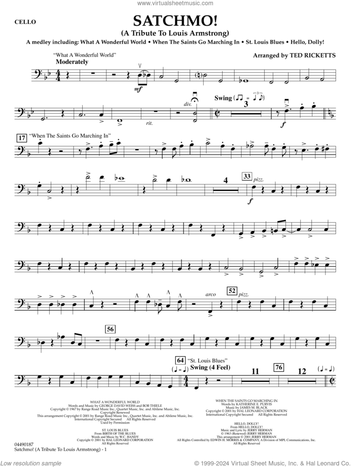 Satchmo!, a tribute to louis armstrong (arr. ted ricketts) sheet music for full orchestra (cello) by Louis Armstrong and Ted Ricketts, intermediate skill level