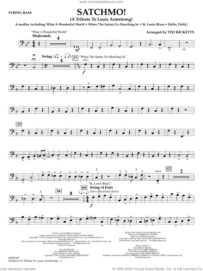 Satchmo!, a tribute to louis armstrong (arr. ted ricketts) sheet music for full orchestra (string bass) by Louis Armstrong and Ted Ricketts, intermediate skill level