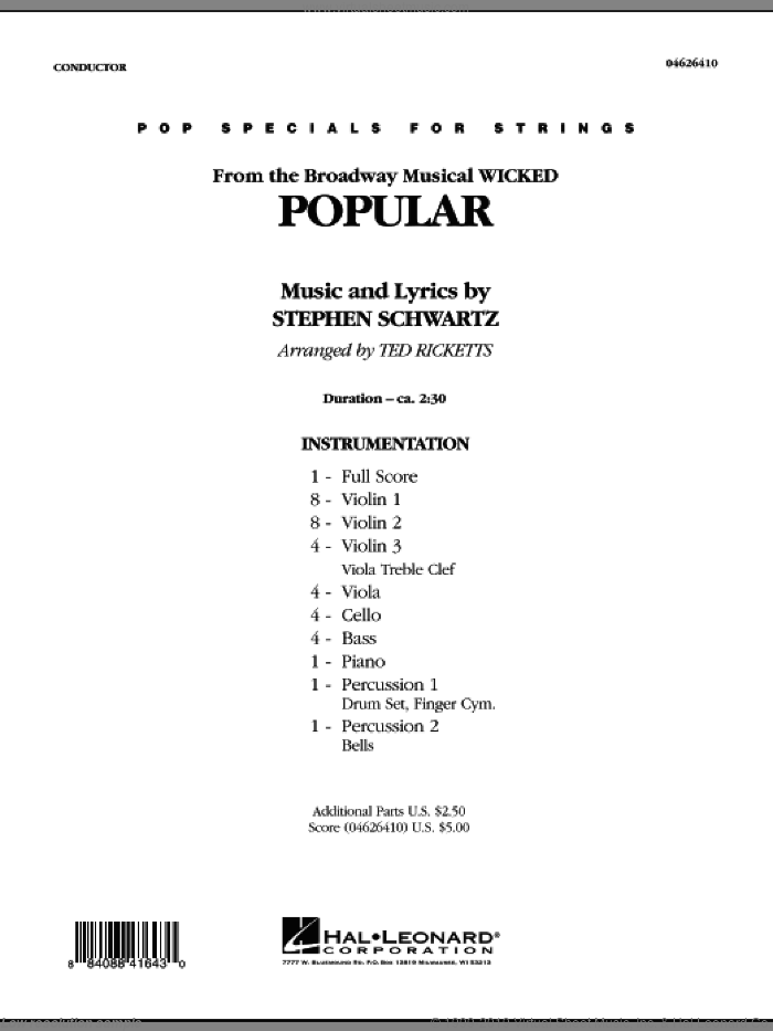 Popular (from 'Wicked') (COMPLETE) sheet music for orchestra by Stephen Schwartz and Ted Ricketts, intermediate skill level