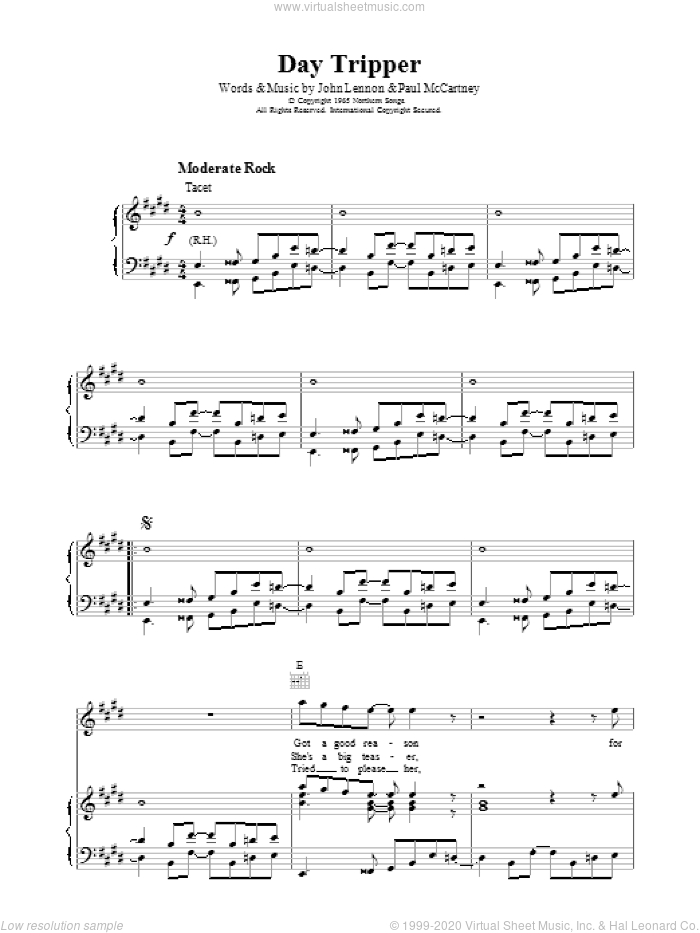 Day Tripper sheet music for voice, piano or guitar by The Beatles, John Lennon and Paul McCartney, intermediate skill level