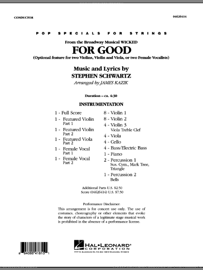 For Good (Duet Feature from Wicked) (COMPLETE) sheet music for orchestra by Stephen Schwartz and James Kazik, intermediate skill level