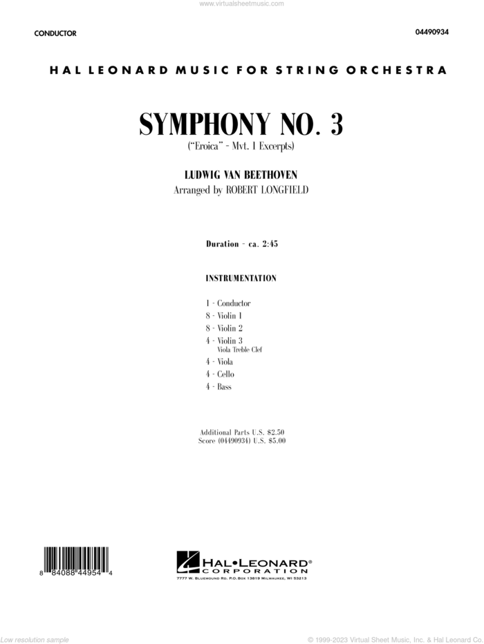 Symphony No. 3 ('Eroica', mvt. 1 excerpts sheet music for orchestra (full score) by Ludwig van Beethoven and Robert Longfield, classical score, intermediate skill level