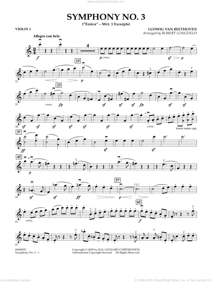 Symphony No. 3 ('Eroica', mvt. 1 excerpts sheet music for orchestra (violin 1) by Ludwig van Beethoven and Robert Longfield, classical score, intermediate skill level