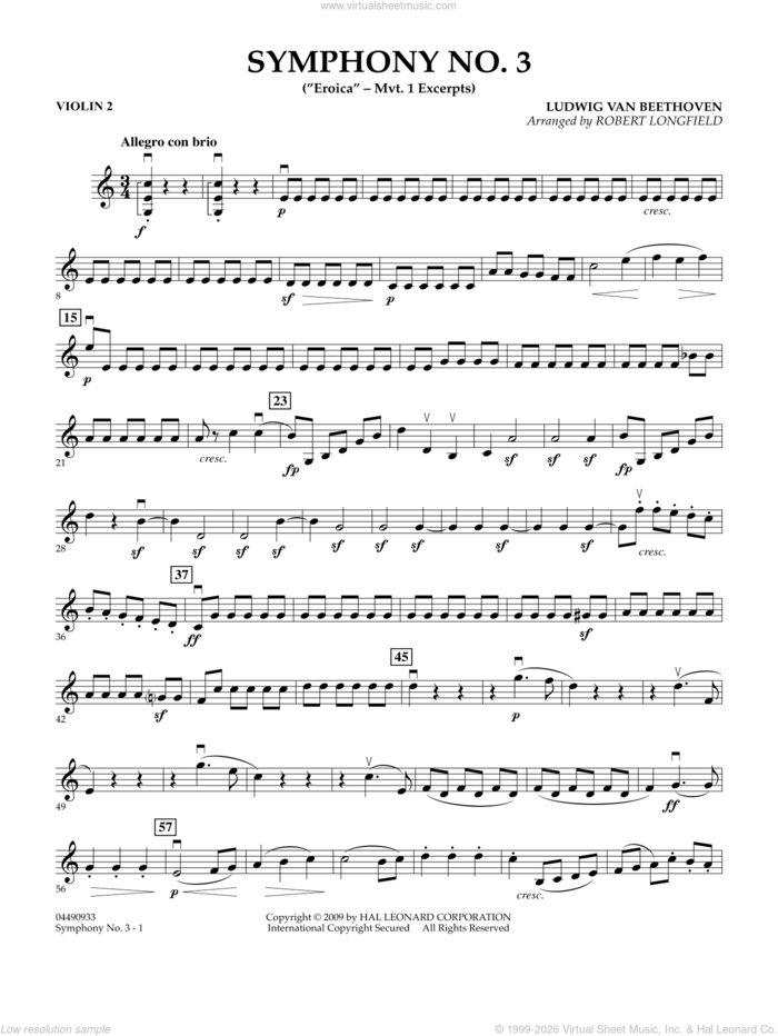 Symphony No. 3 ('Eroica', mvt. 1 excerpts sheet music for orchestra (violin 2) by Ludwig van Beethoven and Robert Longfield, classical score, intermediate skill level