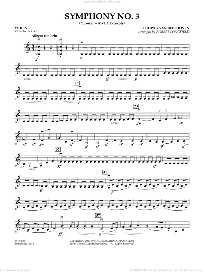 Symphony No. 3 ('Eroica', mvt. 1 excerpts sheet music for orchestra (violin 3, viola treble clef) by Ludwig van Beethoven and Robert Longfield, classical score, intermediate skill level