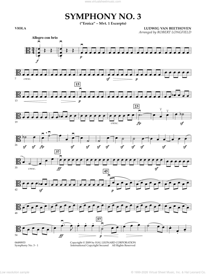 Symphony No. 3 ('Eroica', mvt. 1 excerpts sheet music for orchestra (viola) by Ludwig van Beethoven and Robert Longfield, classical score, intermediate skill level