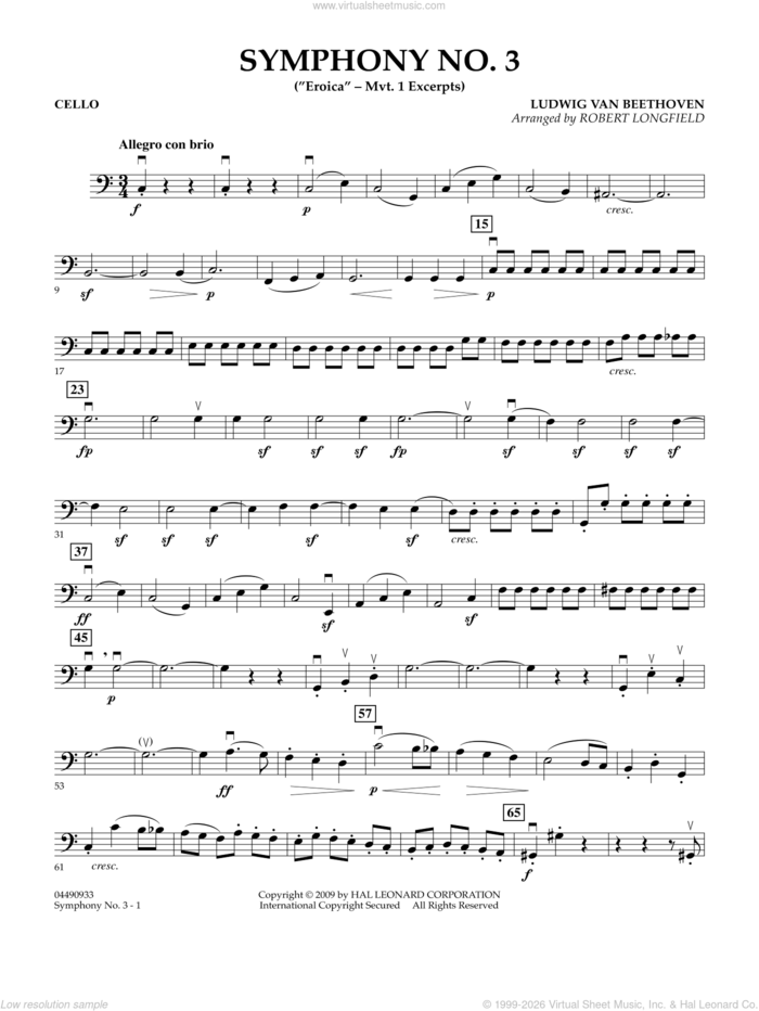 Symphony No. 3 ('Eroica', mvt. 1 excerpts sheet music for orchestra (cello) by Ludwig van Beethoven and Robert Longfield, classical score, intermediate skill level