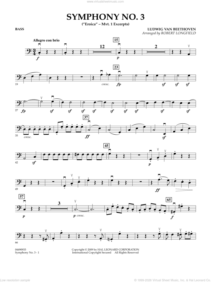 Symphony No. 3 ('Eroica', mvt. 1 excerpts sheet music for orchestra (bass) by Ludwig van Beethoven and Robert Longfield, classical score, intermediate skill level