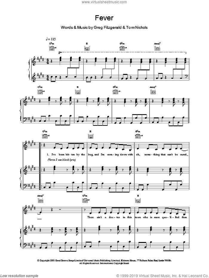 Fever sheet music for voice, piano or guitar by Kylie Minogue, Greg Fitzgerald and Tom Nichols, intermediate skill level