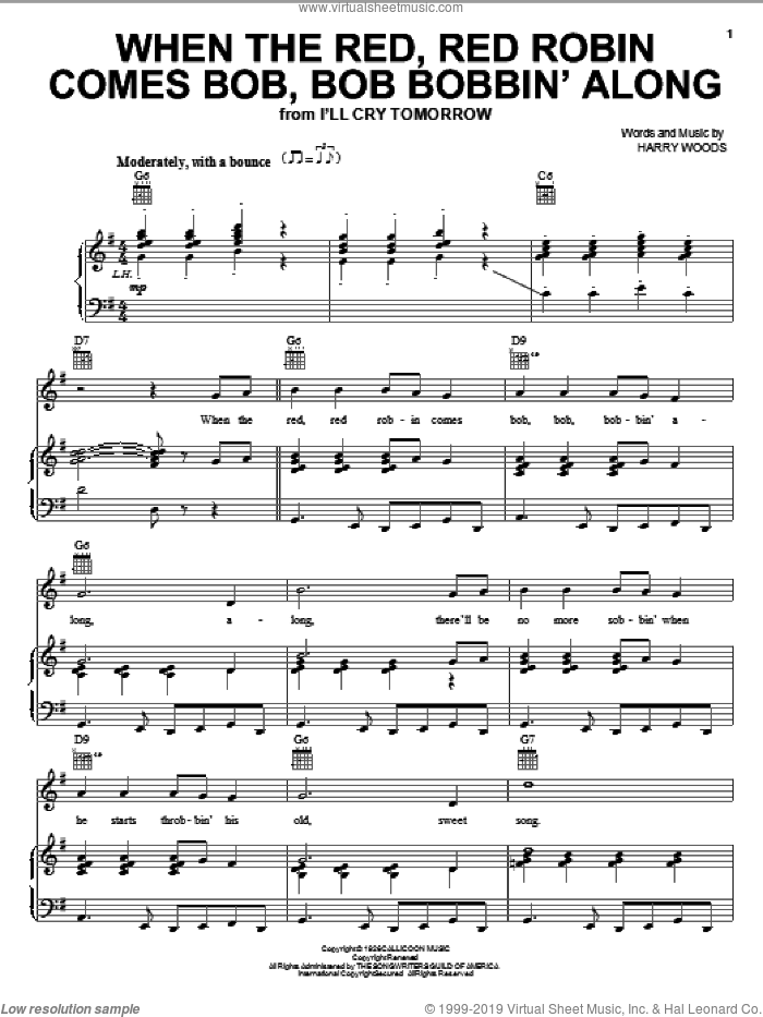 When The Red, Red Robin Comes Bob, Bob Bobbin' Along sheet music for voice, piano or guitar by Harry Woods, intermediate skill level