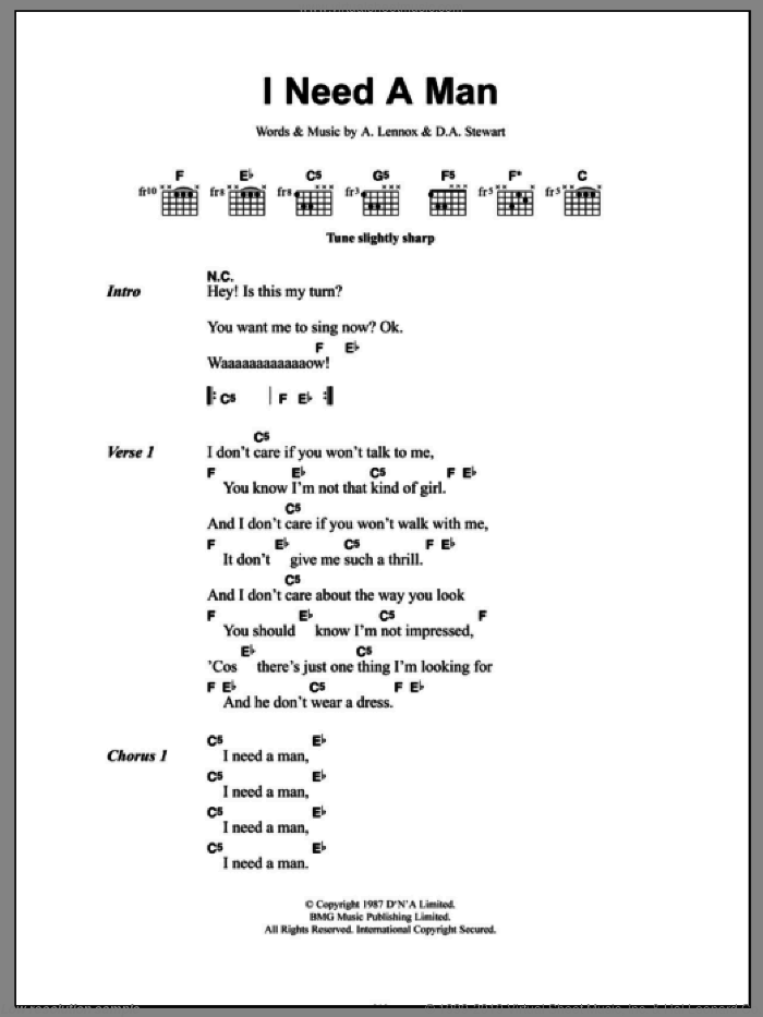 I Need A Man sheet music for guitar (chords) by Eurythmics, Annie Lennox and Dave Stewart, intermediate skill level