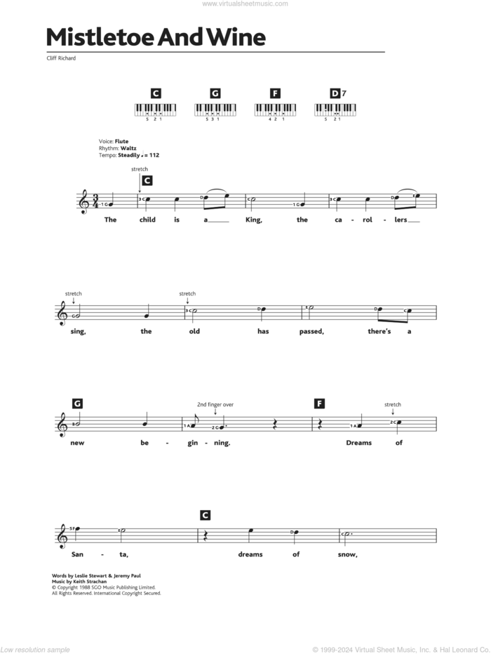 Mistletoe And Wine sheet music for piano solo (chords, lyrics, melody) by Cliff Richard, Jeremy Paul, Keith Strachan and Leslie Stewart, intermediate piano (chords, lyrics, melody)