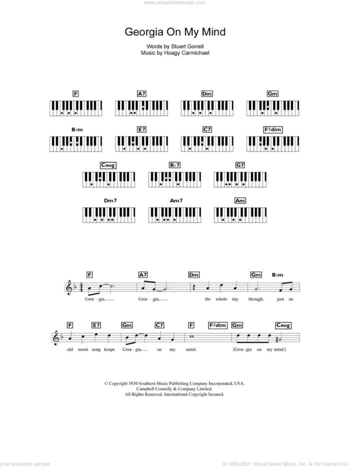Georgia On My Mind sheet music for piano solo (chords, lyrics, melody) by Ray Charles, Hoagy Carmichael and Stuart Gorrell, intermediate piano (chords, lyrics, melody)