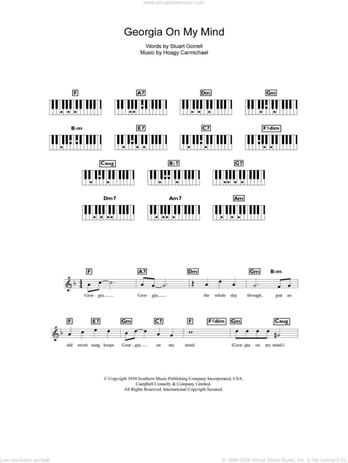 Georgia On My Mind sheet music for piano solo (chords, lyrics, melody) by Ray Charles, Hoagy Carmichael and Stuart Gorrell, intermediate piano (chords, lyrics, melody)