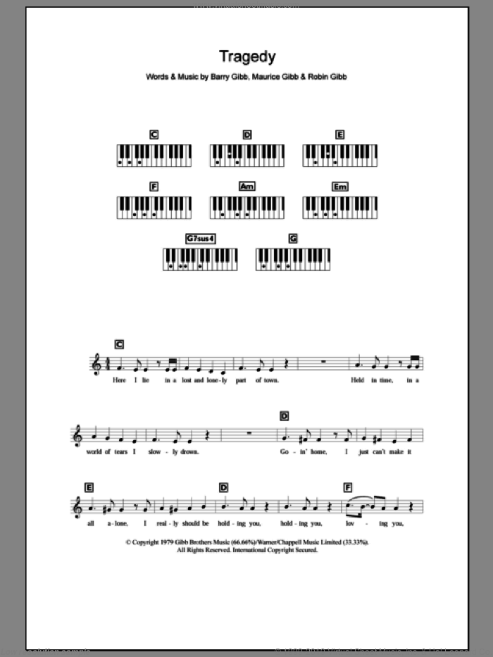 Tragedy sheet music for piano solo (chords, lyrics, melody) by Bee Gees, Barry Gibb, Maurice Gibb and Robin Gibb, intermediate piano (chords, lyrics, melody)