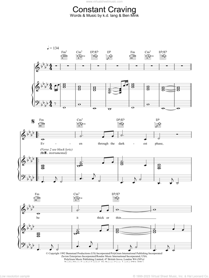 Constant Craving sheet music for voice, piano or guitar by K.D. Lang, intermediate skill level