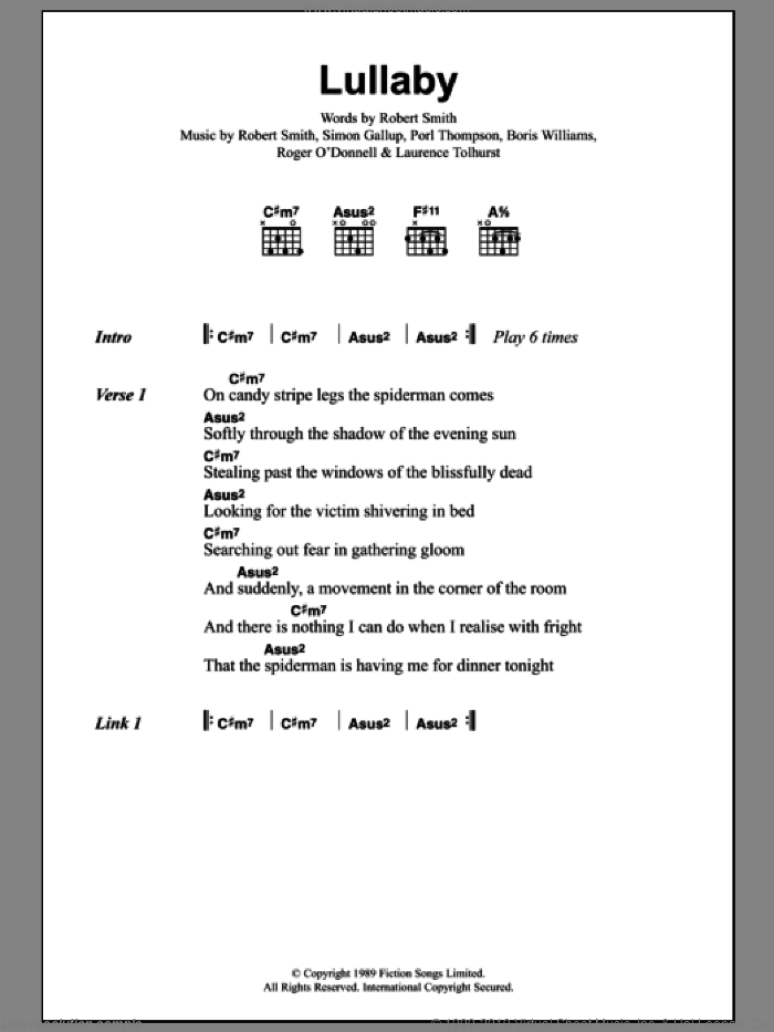Lullaby sheet music for guitar (chords) by The Cure, Boris Williams, Laurence Tolhurst, Porl Thompson, Robert Smith and Simon Gallup, intermediate skill level