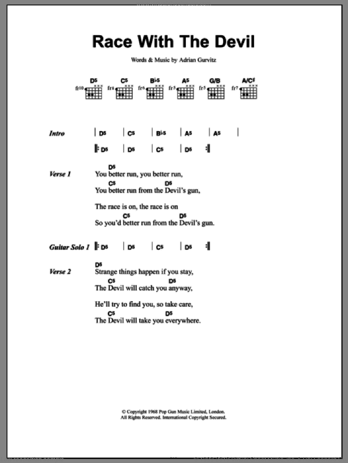 Race With The Devil sheet music for guitar (chords) by Girlschool and Adrian Gurvitz, intermediate skill level