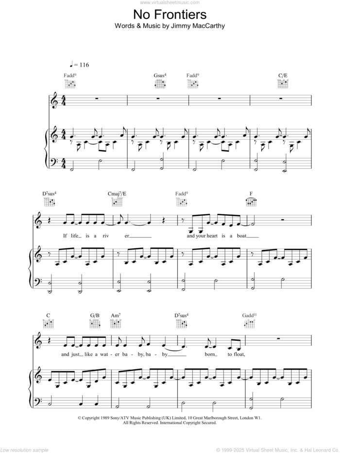 No Frontiers sheet music for voice, piano or guitar by The Corrs, intermediate skill level