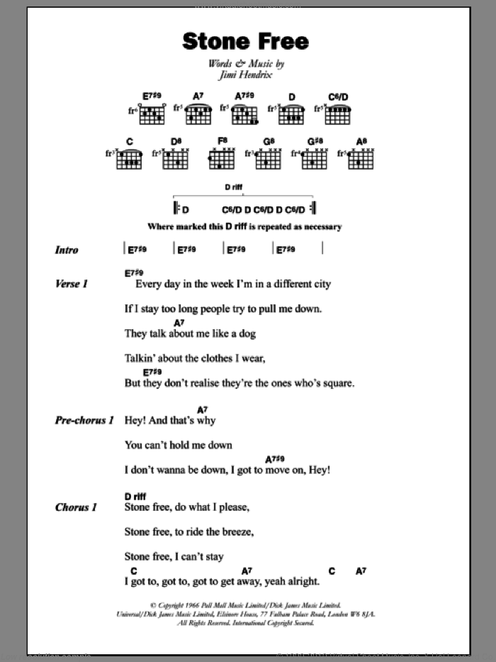 Stone Free sheet music for guitar (chords) by Jimi Hendrix, intermediate skill level