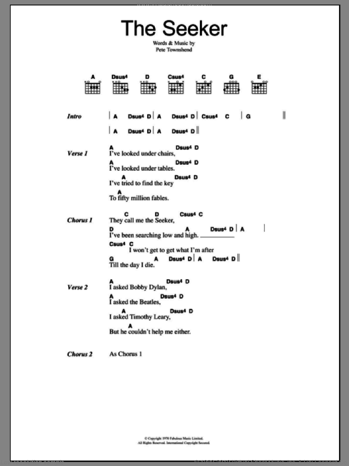 The Seeker sheet music for guitar (chords) by The Who and Pete Townshend, intermediate skill level