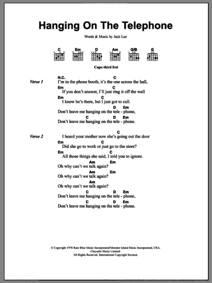 Hanging On The Telephone sheet music for guitar (chords) by Blondie and Jack Lee, intermediate skill level