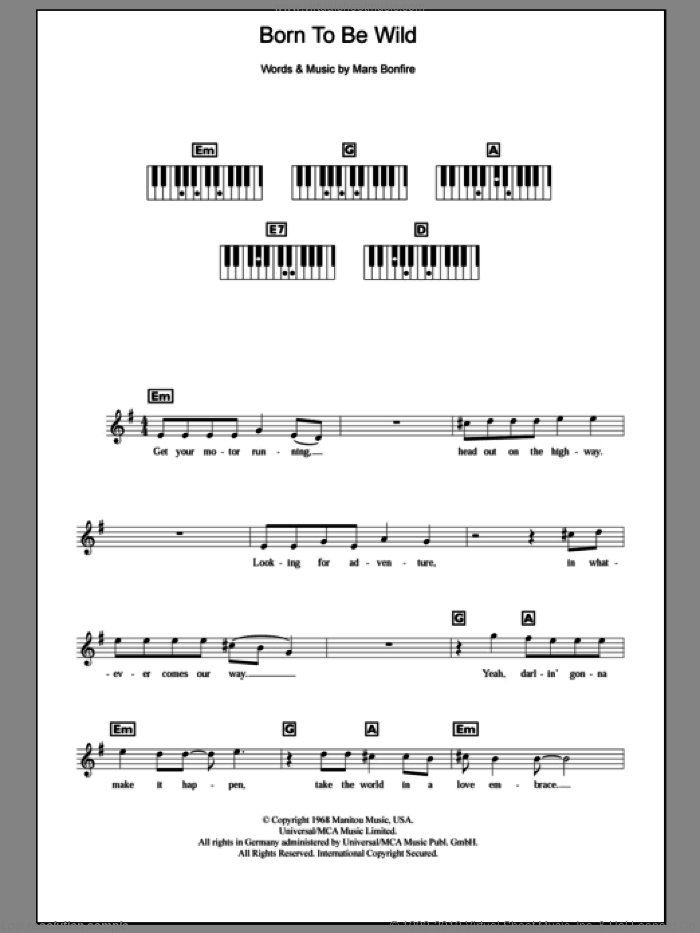 Born To Be Wild sheet music for piano solo (chords, lyrics, melody) by Steppenwolf and Mars Bonfire, intermediate piano (chords, lyrics, melody)
