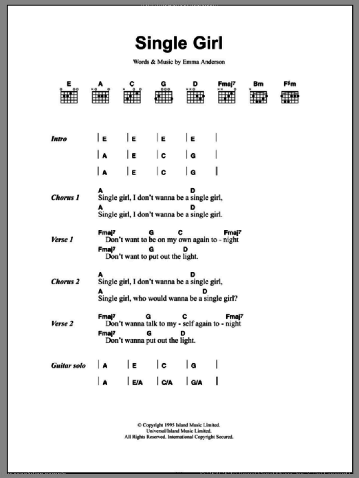 Single Girl sheet music for guitar (chords) by Emma Anderson, intermediate skill level